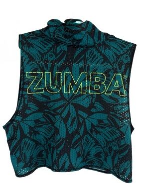 ZUMBA Teal & Black Printed Mesh Crop Tank